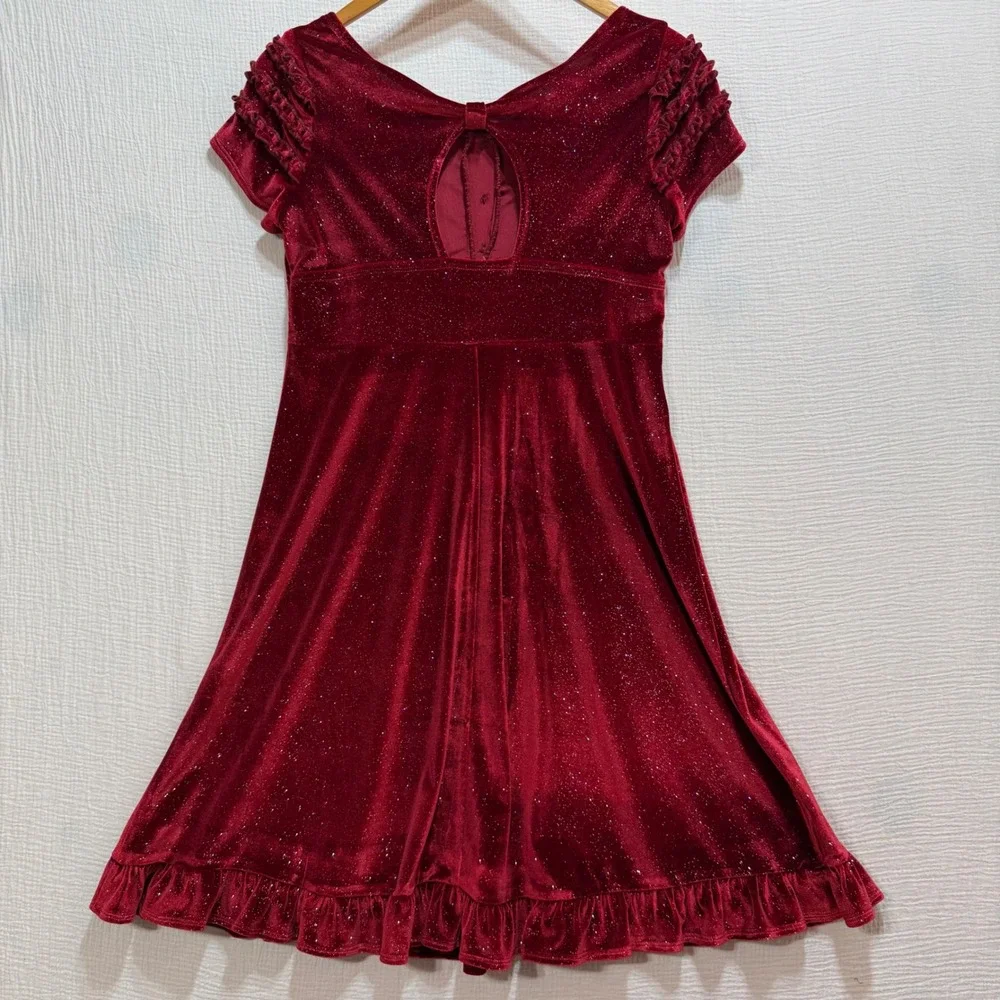 Hype Velvet‎ Glitter Dress Girls 16 Red Holiday Party Ruffle Sparkly V-Neck Y2K